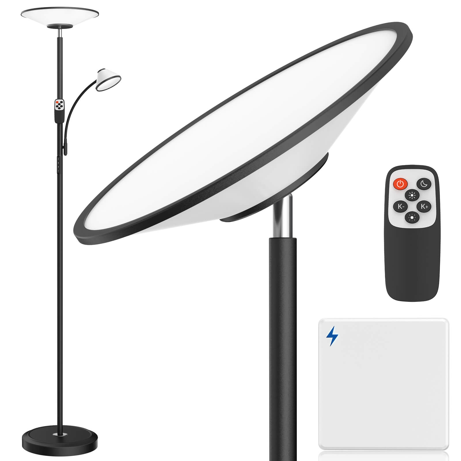 Torchiere LED Floor Lamp w/ Reading Light, Wireless Remote & Wall Switch
