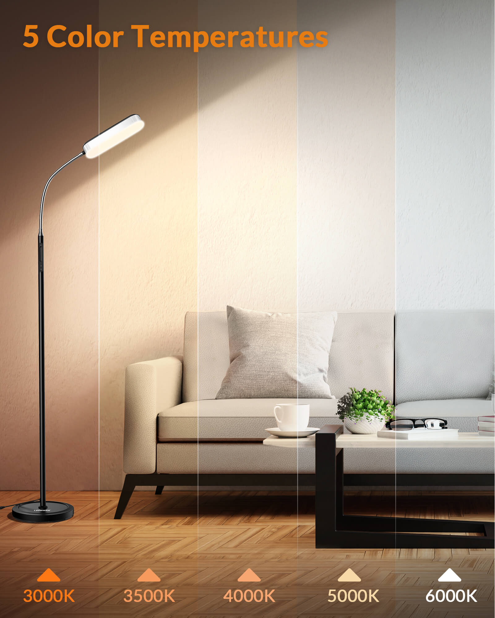 Lepower-tec Flexible Gooseneck LED Floor Lamp Dimmable Eye-caring for Task Lighting