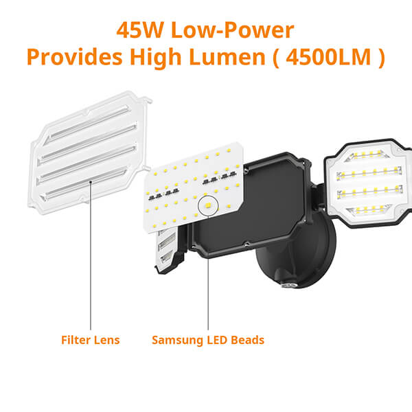 4500LM Dusk to Dawn LED Floodlight w/ Adjustable 3-Head 45W