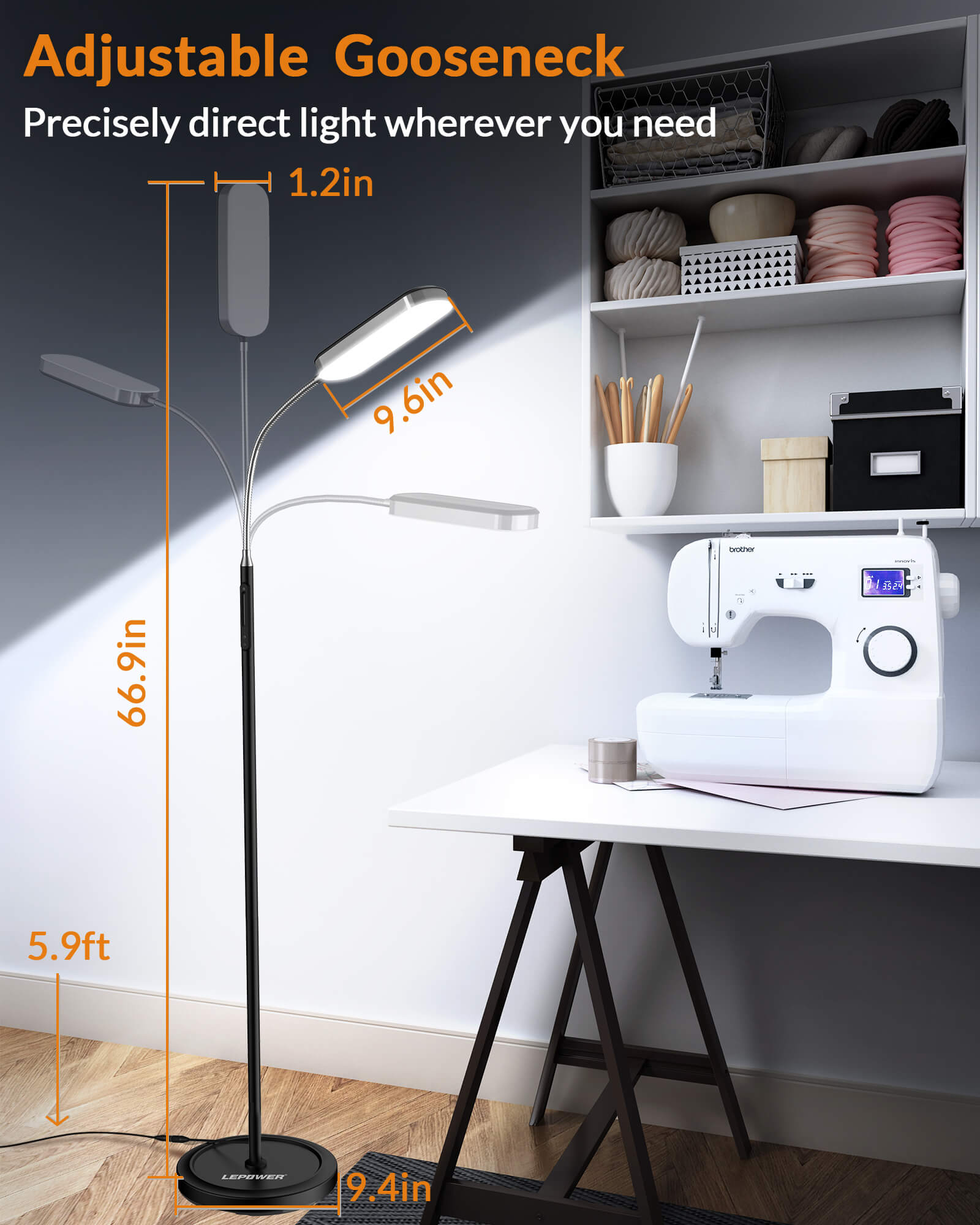 Lepower-tec Flexible Gooseneck LED Floor Lamp Dimmable Eye-caring for Task Lighting