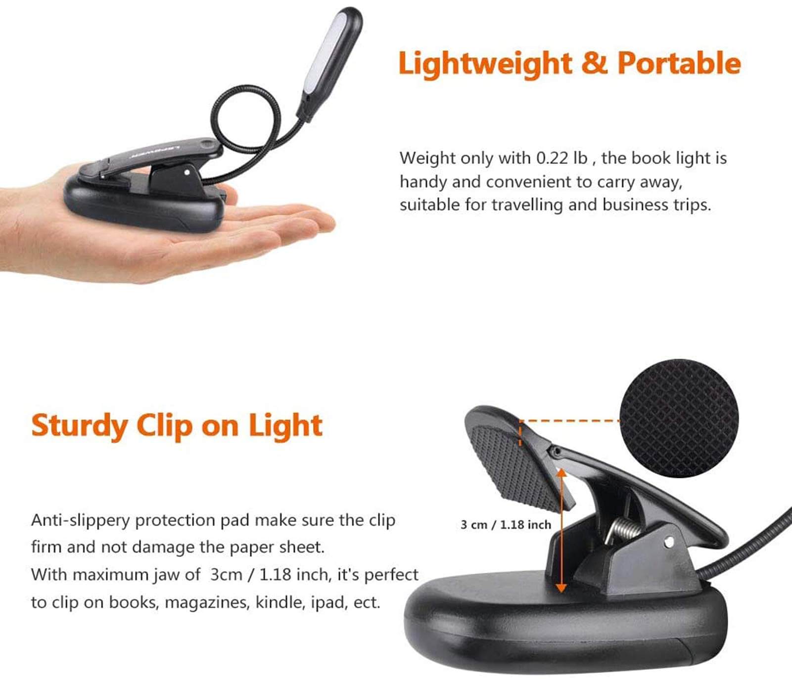 Lepower Portable Clip on Book Light, Battery & USB Operated Reading Lamp
