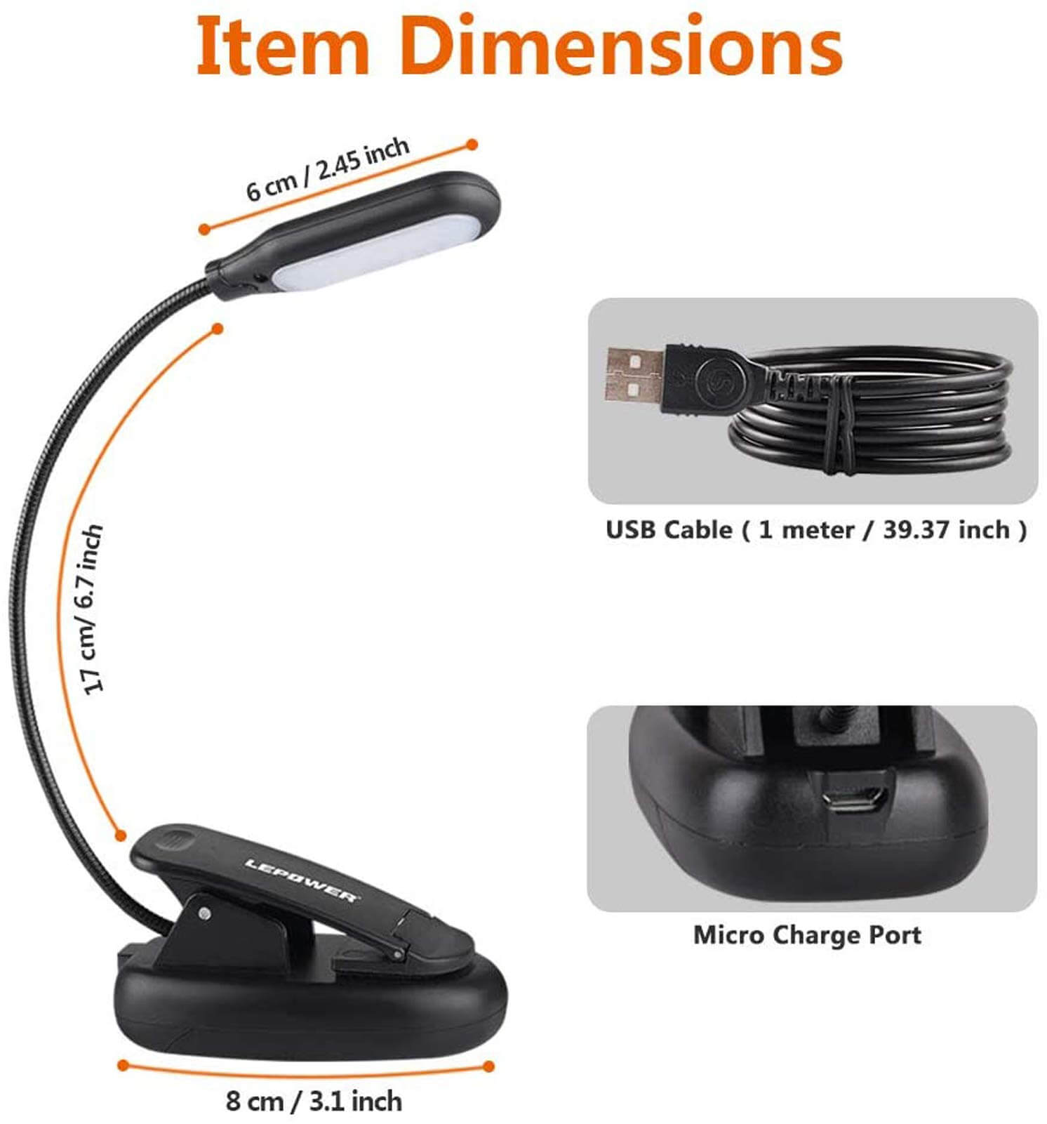 Lepower Portable Clip on Book Light, Battery & USB Operated Reading Lamp