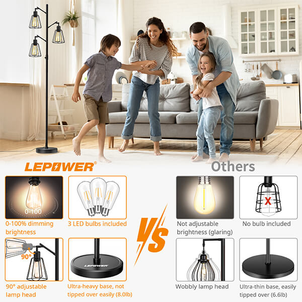 Lepower-tec Industrial Tree Tall Floor Lamp 3 Lights with Dimmer (Bulb Included)