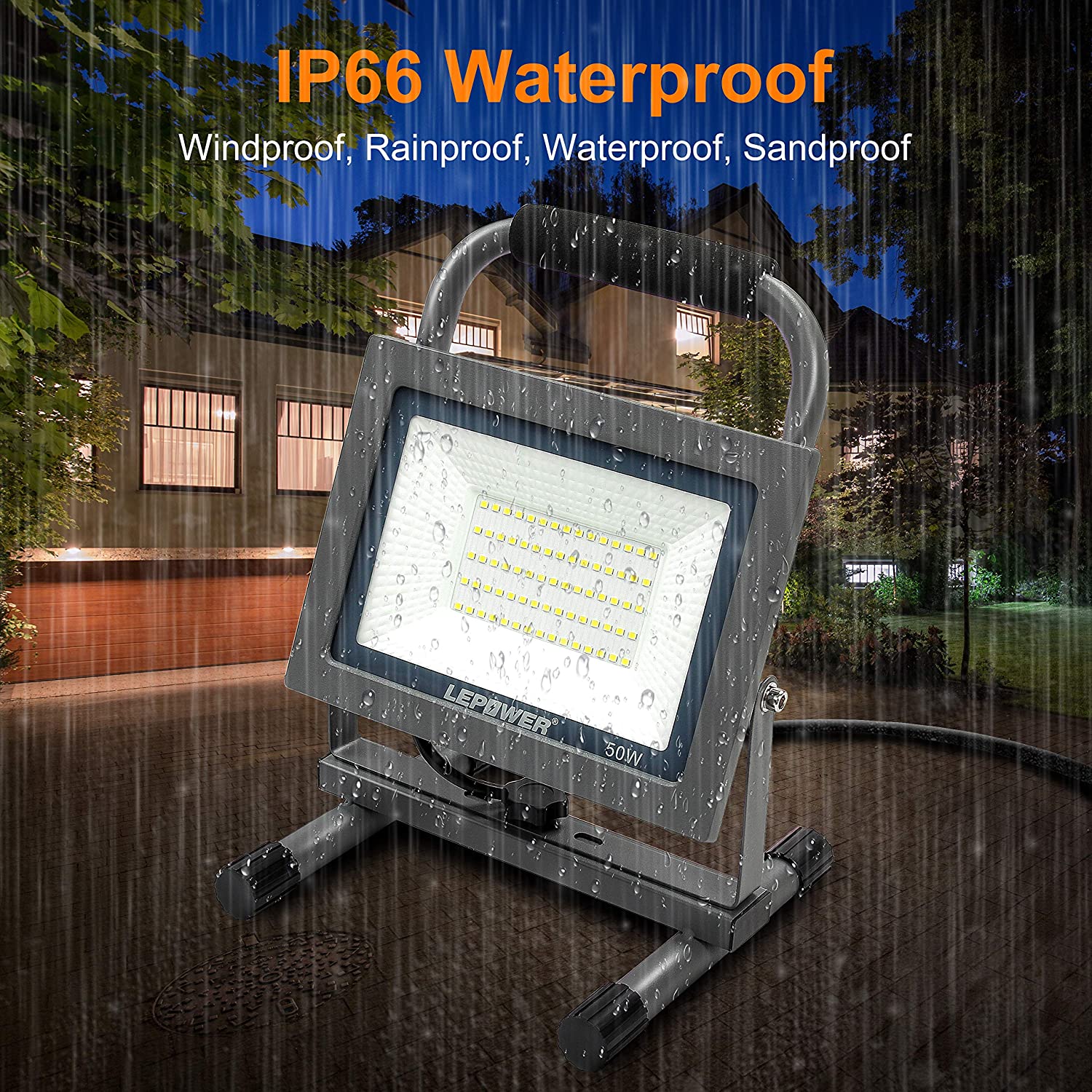 50W Portable LED Work Light with Stand & Plug