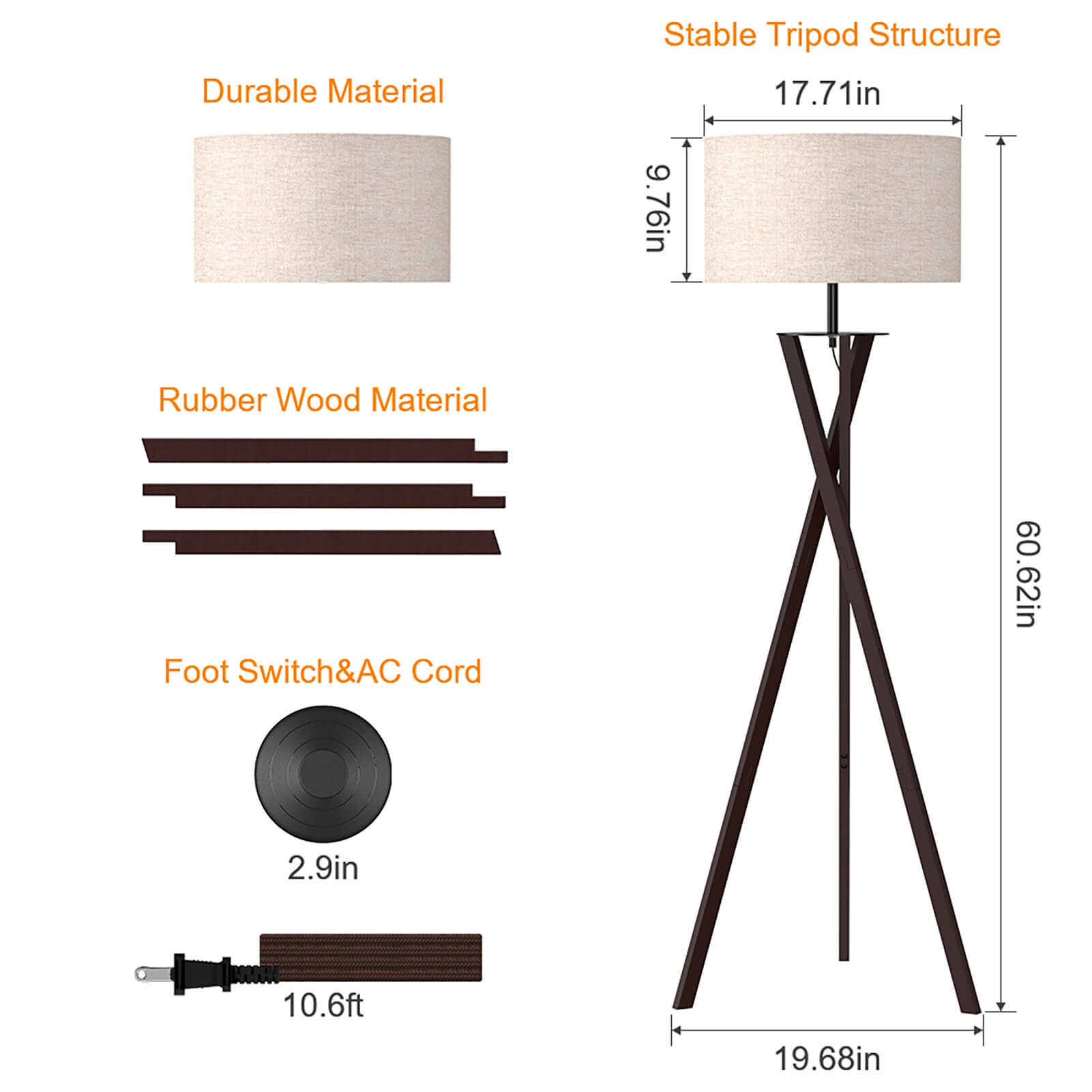 Wooden Tripod Floor Lamp, Standing Lamp for Living Room