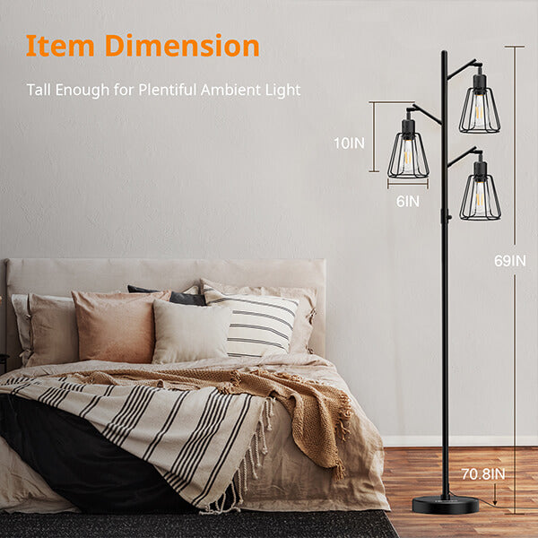 Lepower-tec Industrial Tree Tall Floor Lamp 3 Lights with Dimmer (Bulb Included)