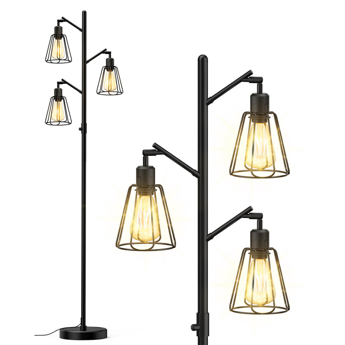 Lepower-tec Industrial Tree Tall Floor Lamp 3 Lights with Dimmer (Bulb Included)
