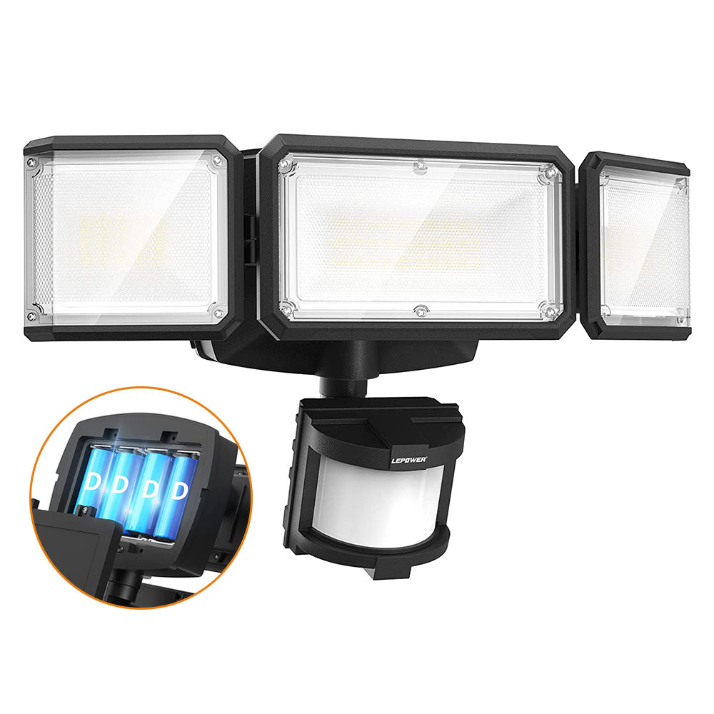 Battery Operated Motion Secuirty Flood Light 3 Heads1500LM -White