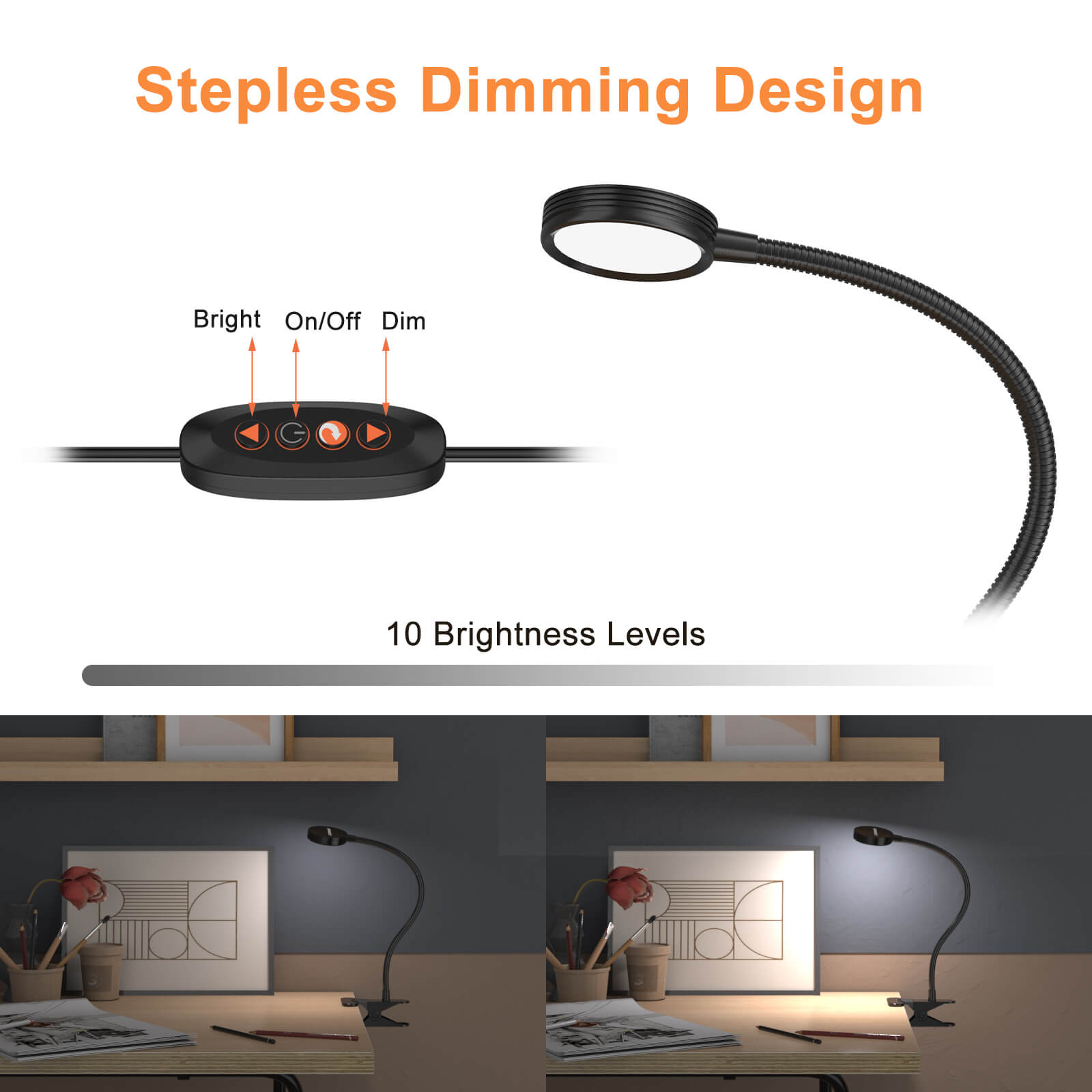 LED Clip on Light Dimmable with 10 Brightness Levels and 3 Colors