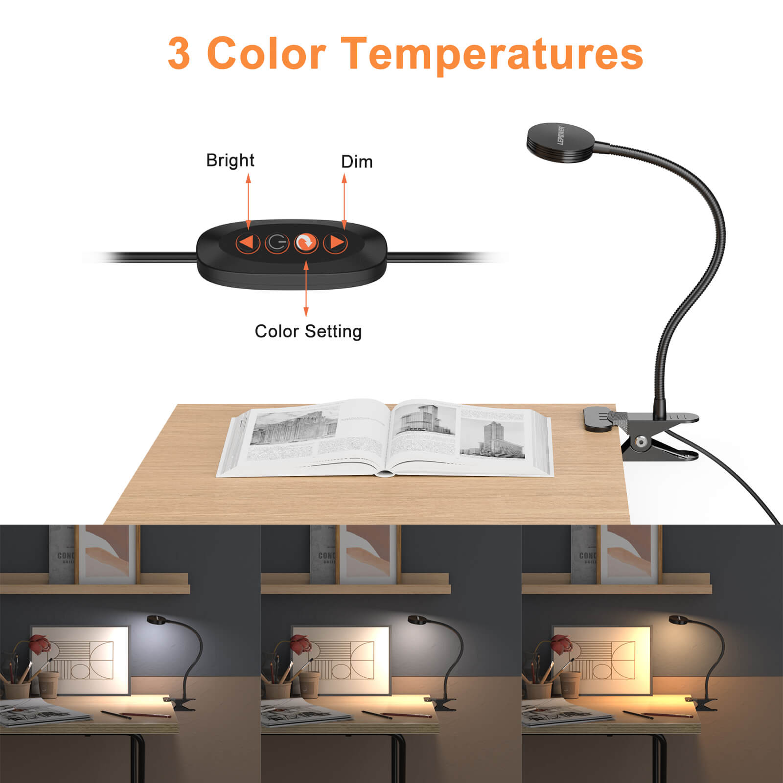LED Clip on Light Dimmable with 10 Brightness Levels and 3 Colors