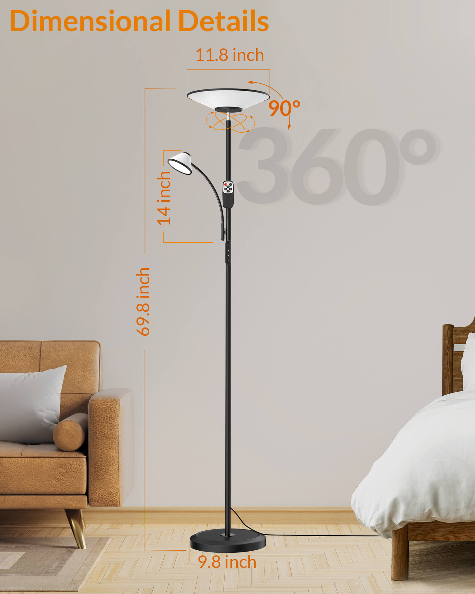 Torchiere LED Floor Lamp w/ Reading Light, Wireless Remote & Wall Switch
